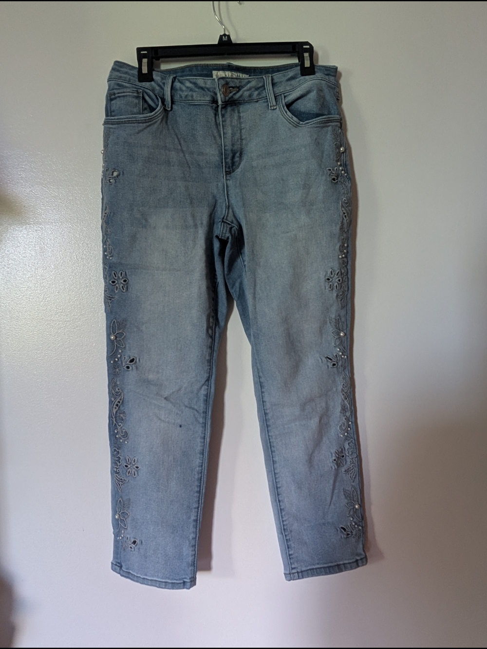 Light Blue Women’s Straight Leg Jeans with Side Embroidery